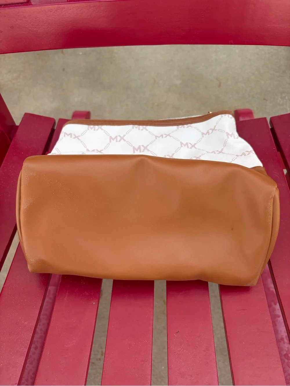 Max Studio White and Brown Logo Print Cosmetic Pouch